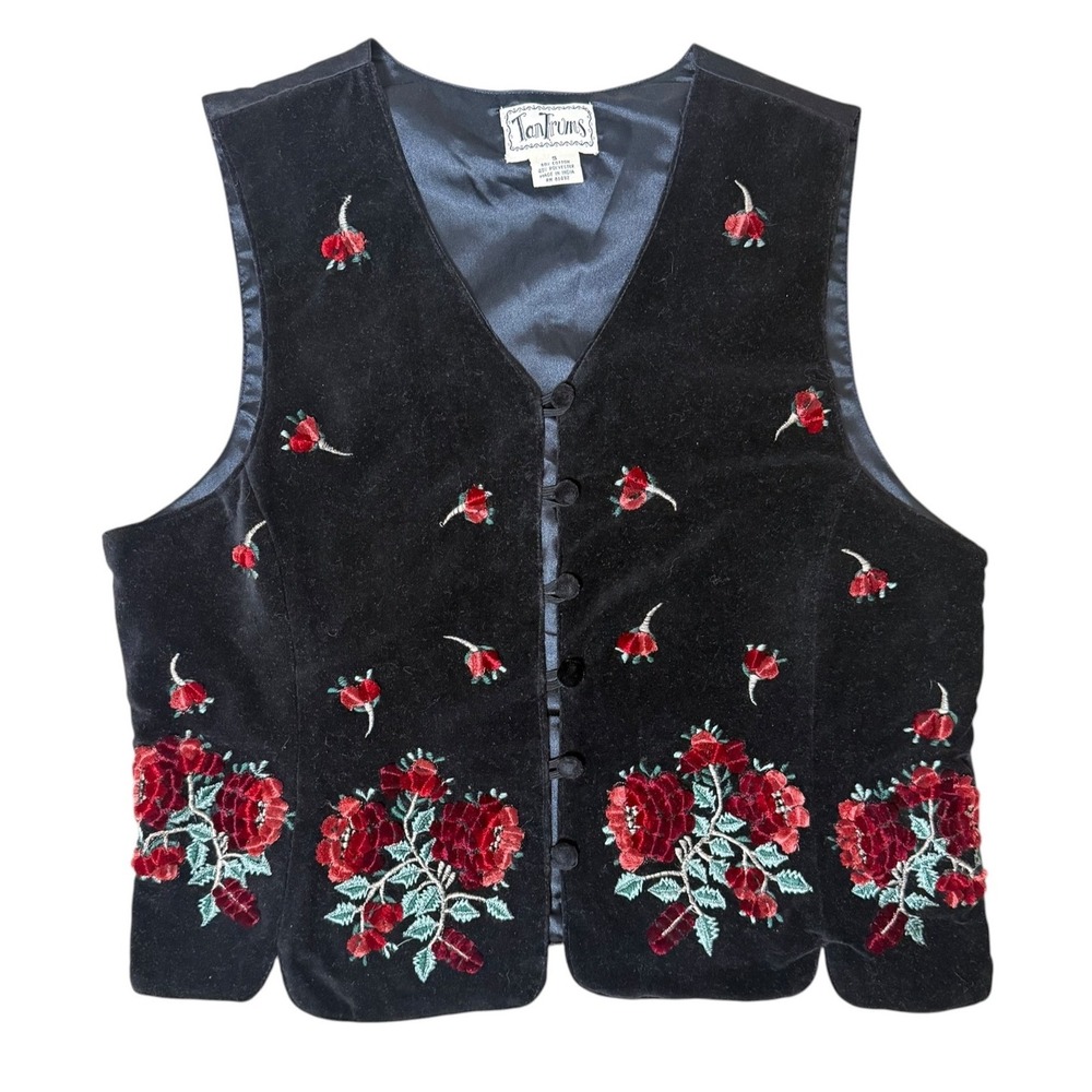 Vintage Tantrums Black Velvet Floral Embroidered Vest Rose Red Small Sleeveless